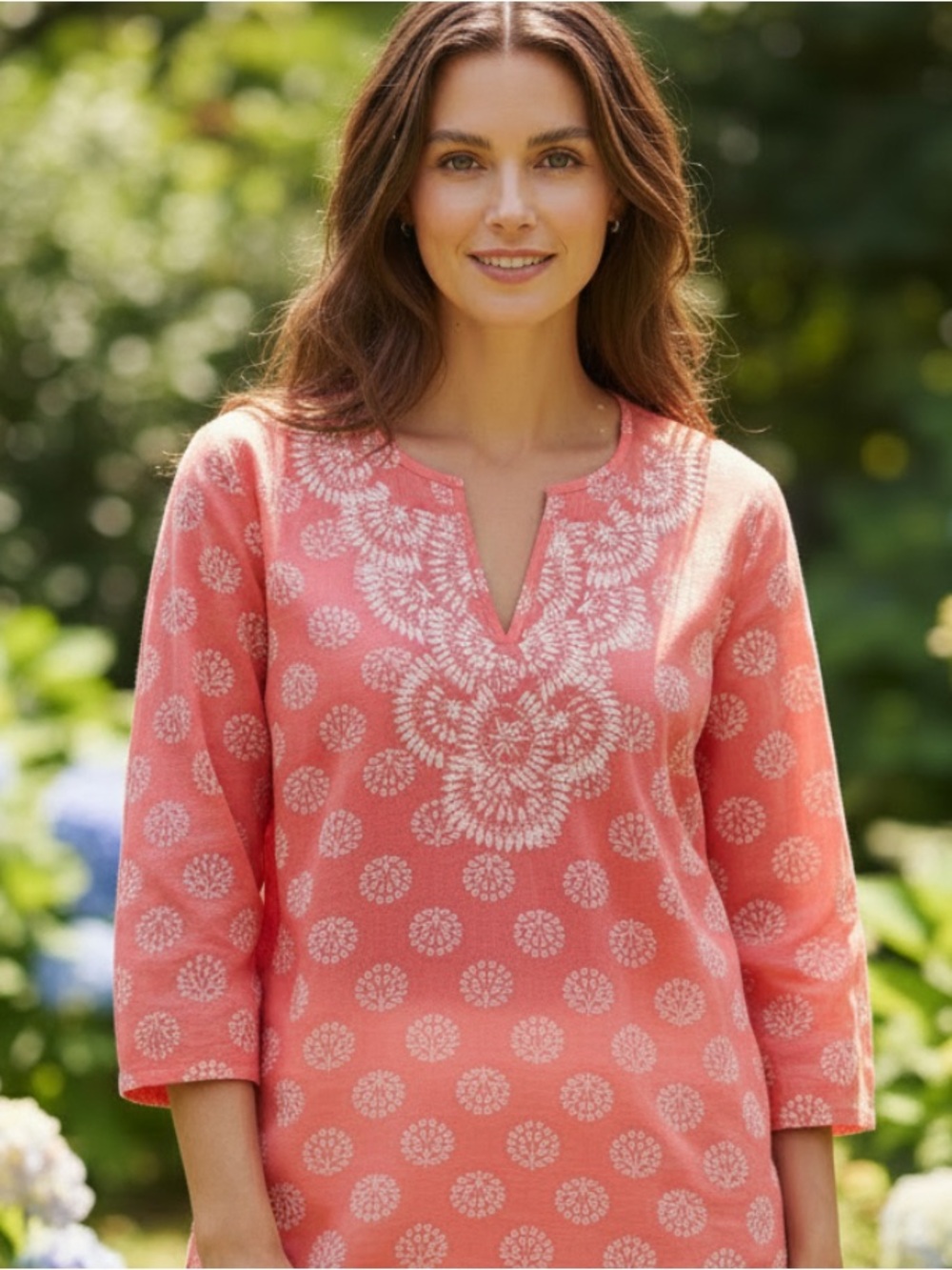 Talbots Coral Pink Printed Split V-Neck Tunic